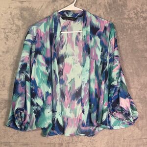 NWOT New Colleen Lopez Purple Blue Cropped Overlay Open Front Shawl Size XXS